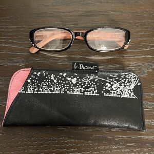 L. Durand Fashion Reading Glasses & Matching Case +150 Black/Pink w/Cubic Zirc